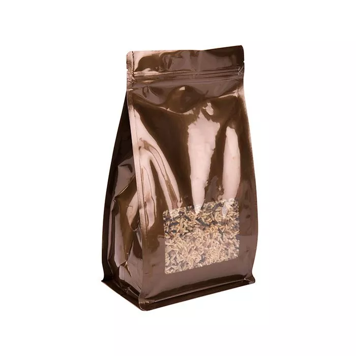 5" x 3" x 8" Bronze Box Bottom Zipper Pouches w/Window (100 pack) - DISCONTINUED