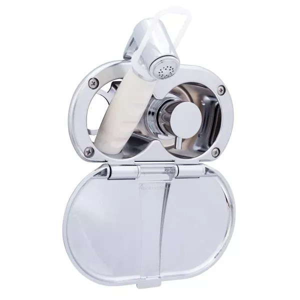 Ambassador Marine – Aidack- Transom Shower Hot/Cold Mixer, Chrome Cup & Lid, Hammer-Head Warm White Sprayer, 6' Stainless Steel Marine Hose, Chrome Aidack Handle – 136-1716-CW