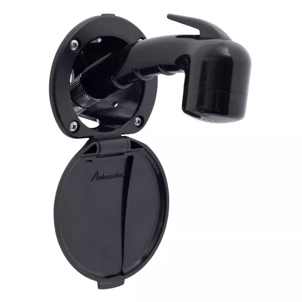 Ambassador Marine – Recessed Marine Shower- Black Cup & Lid, Small Black Sprayer No Hook, 6' Stainless Steel Marine Hose – 136-0018-KP-R