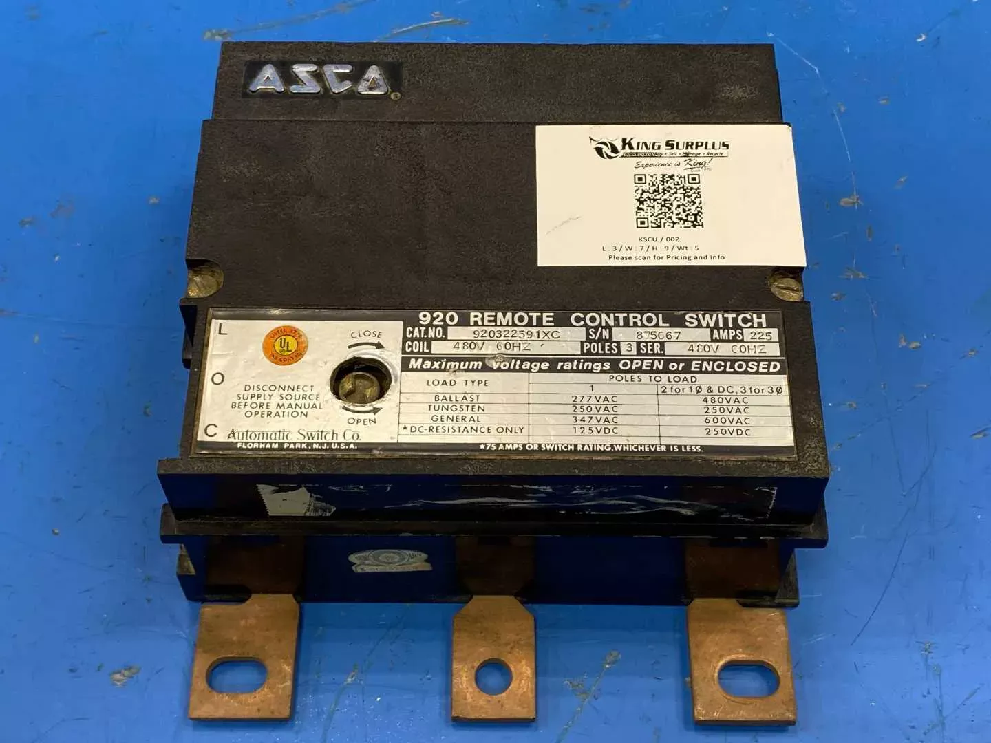 Asco 920322591XC 920 Remote Control Switch 225 Amp 480V 60 Hz 3-Pole