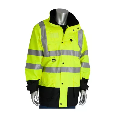 Hi-Vis Orange M Class 3 Coat 7in1, Insulated Inner Jacket, Zip. Cl. Hd, 2in. Tape, LY Hi-Visibility Coat 343-1756-YEL/M
