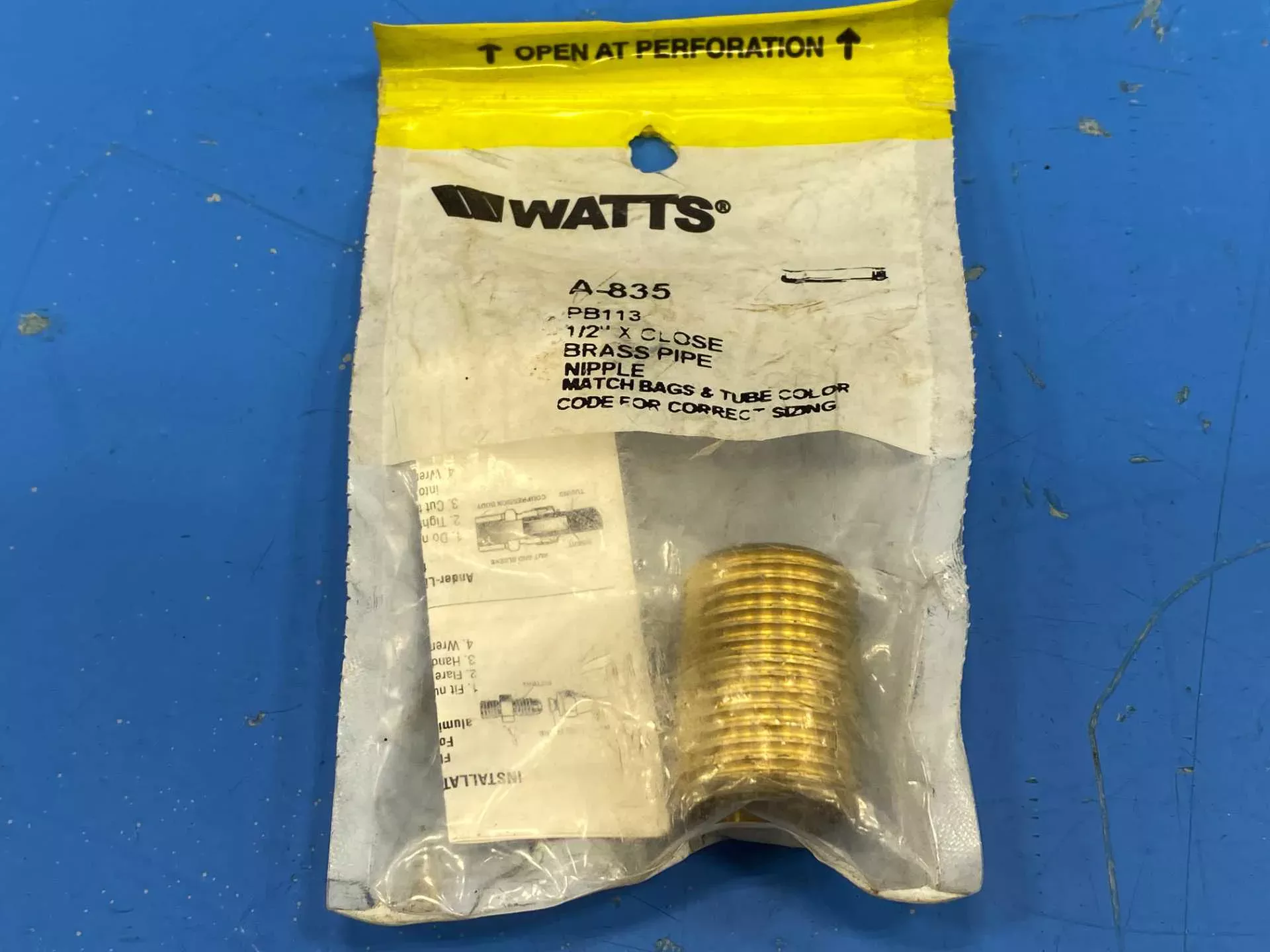 Watt A-835 PB113 1 2"xClose Brass Pipe Nipple Watts